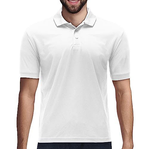 Premium Wear Men's Polo T-Shirts, High Moisture Wicking Dry Fit Performance Athletic Short-Sleeved Polo T-Shirts with Collar for Golf, Tennis, Work, Daily, Casual White