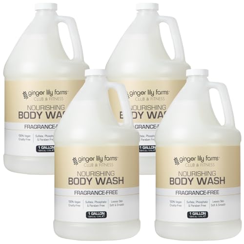Ginger Lily Farms Club & Fitness Nourishing Body Wash, 100% Vegan & Cruelty-Free, Bath & Shower Gel for Men and Women, Fragrance Free, 1 Gallon (Pack of 4)