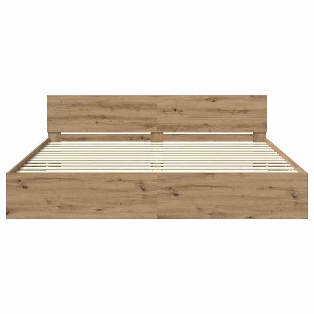 Marco de cama de roble Artisan de madera de 200 x 200 cm con somier y tiras LED para dormitorio de matrimonio con cabecero e iluminación moderna