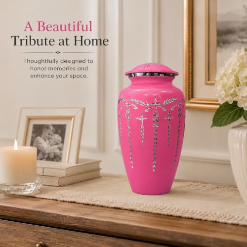 Image of ALPHA Living HOME Adult Cremation Urn for Human Ashes, Durable Aluminum Memorial Funeral Urn with Secure Screw-Top Lid, Dignified Decorative Urn for Loved Ones, Pink