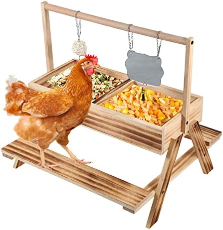 Chicken Feeder Table, Chick Picnic Table Wood Chicken Feeders No Waste Kit with Stainless Steel Mesh Bottom for Chicken Coop Accessories, Poultry Feeder for Chicken Birds Duck Pets
