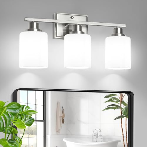 Image of Unicozin 3-Light Bathroom Light Fixtures, Modern Brushed Nickel Vanity Light Over Mirror, Wall Sconces with Milky White Glass Shades for Living Room Bedroom Hallway E26 Base