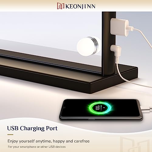 Keonjinn Black Vanity Mirror with Lights, 15 Replaceable Bulbs Hollywood Makeup Mirror with 2 Replacement Bulbs, 3 Color Lights, Aluminum Metal Frame, USB Charging Port, 23" x 18" Large Lighted Mirror