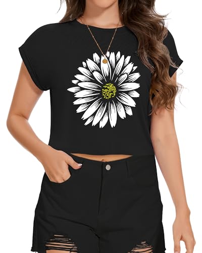 Image of Womens Crop Tops Summer Roll Cap Sleeve Cropped Tshirt Loose Fit Basic Tees