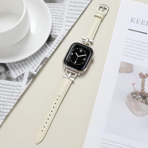 Image of Leather Band Compatible with Apple Watch Bands for Women, Dressy Fancy Strap for iWatch Series 11 /10 /9 /8 /7 /6 /5 /4 /3 /2 /1 /se /Ultra /Ultra 2(49mm 46mm 45mm 44mm 42mm,Milky White /Starlight)