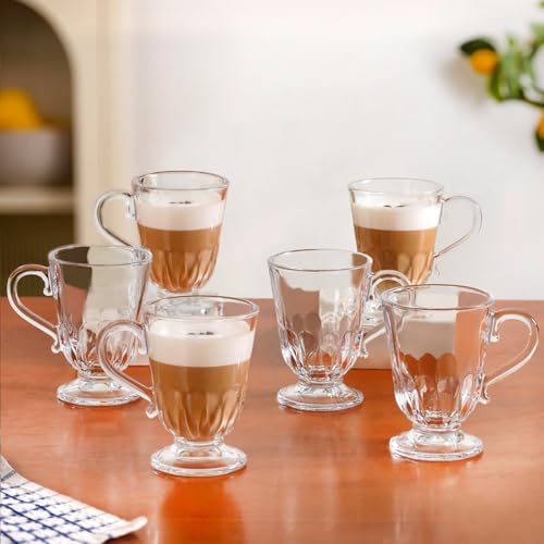 Image of Nestasia Set of 6 Transparent Glass Tea Cups (196ml Each) - Fluted 100% Food Safe & Chip-Resistant Glass Set | Perfect for Irish Coffee, Tea, Hot & Cold Beverages