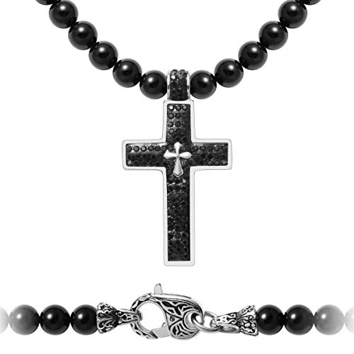 Westmiajw Black Onyx Beads Beaded Cross Pendant Necklace Chain For Men,Healing Crystals Jewelry 60Cm #TOP6