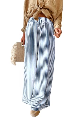 Image of Acelitt Women Casual Drawstring Elastic Waist Striped Wide Leg Pants with Pockets, S-XXL