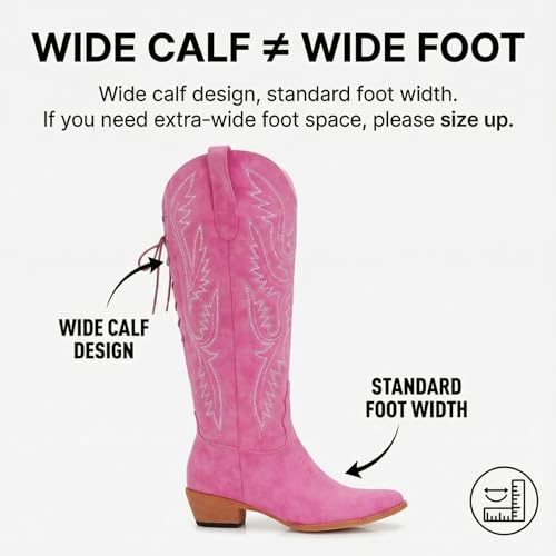 Image of Uillnoodu Wide Calf Cowboy Boots Women Adjustable Lace Up Knee High Tall Plus Size Cowgirl Boots Western Style Comfortable 2-Inch Heel