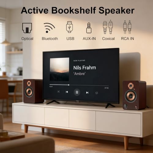 Image of LONPOO 100W HiFi Active Bookshelf Speakers with Bluetooth | 4'' Aluminum Woofer, 12MM Wooden Cabinet, DSP-Tech, Optical /RCA /USB /AUX for TV PC Turntable (LP-42M)