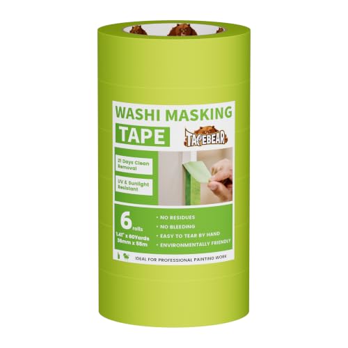 Image of TAPEBEAR Advanced Painters Tape, 21-Days Clean Removal Green Washi Masking Tape 1.41 inch x 60Yards, Medium Adhesion, Indoor Outdoor Multi-Surface Painting with Sharp Lines for Car /Wall Painting, 6Roll