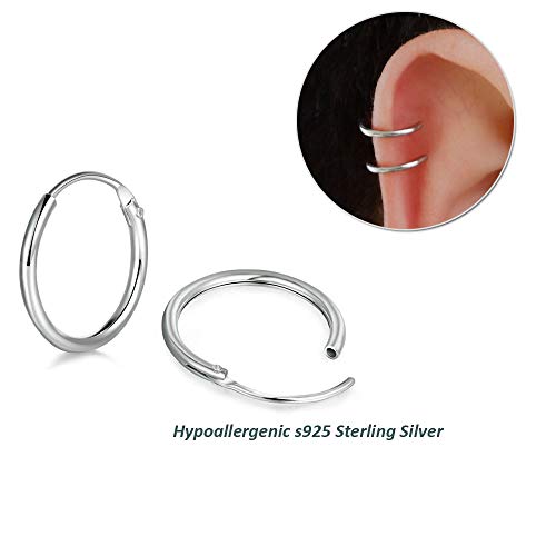 4 Pairs Sterling Silver Cartilage Small Hoop Earrings Set Hypoallergenic 14K White Gold Plated Endless Helix Tragus Earrings Nose Lip Rings, 8Mm 10Mm 12Mm 14Mm #TOP2