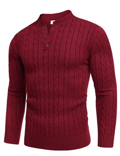 COOFANDY Men Quarter Button Henley Sweater Long Sleeve Business Casual Pullover Slim Fit Twisted Sweater Wine Red