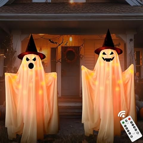 Halloween Decorations Outdoor Indoor- 2 Packs Large Light-Up Spooky Standing Ghost Decor with 8 Modes Remote String Lights, Scary Halloween Ghost Lights for Porches Yards Gardens Party Decorations Cover