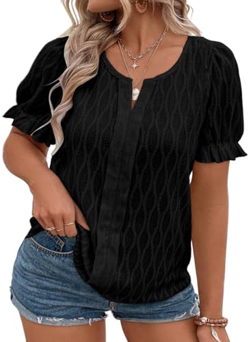 Eytino Women Plus Size Summer Tops Cute Puff Sleeve V Neck Casual Loose Blouse T Shirts(1X-5X)