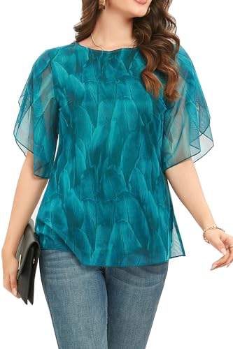 Timuspo Túnica de gasa para mujer, informal, cuello redondo, tallas grandes, media manga, top de verano, corte holgado, verde, S