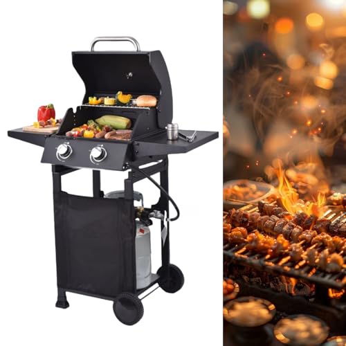 バーベキューコンロ 焚き火台 BBQグリル卓上コンロ キャンプ用品パティオガーデンバーベキューガスストーブ屋外調理用,ダブルバーナーバーベキュープロパンガスグリル、BBQコンロ 4〜8人用 ピクニック キャンプ パティオ 裏庭 クッキング (ブラック)