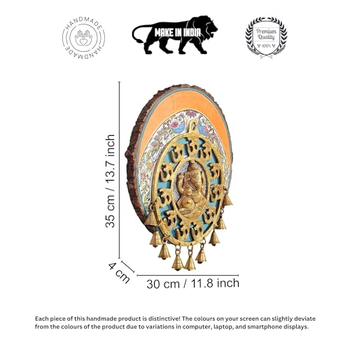 Image of AAKRITI ART CREATIONS Aum Ganesha Wall Hanging, Handcrafted Wooden Decor with Om Symbols and Bells, Dhokra Art Set of 1, Multi Color | Matte Finish Mango Wood | Living Room, Bedroom, Office