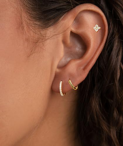 Gold Earrings for Women Trendy, Dainty Small Hoop Earrings Set Multiple Piercing Cute CZ Flower Huggie Stud Earring 14K Gold Lightweight Hypoallergenic Cartilage Earrings Gold Jewelry for Women Gifts2