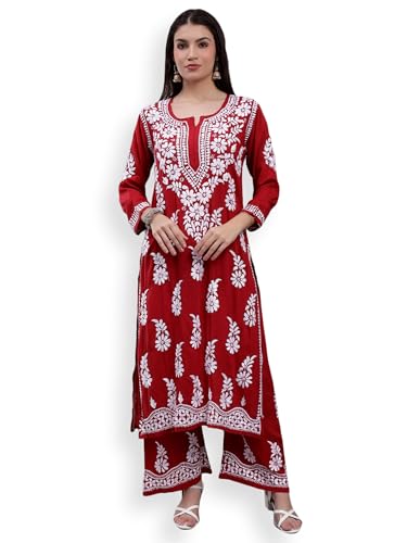 Image of Seva Chikan Hand Embroidered Lucknowi Chikankari Modal Kurta and Palazzo Set SCL8023