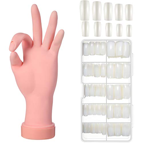 Hand Fake Hand Model Flexible Bendable Manicure Hand with 500 Pieces Full Cover Nail Tips Artificial False Nails for Nail Salon DIY Nail Art