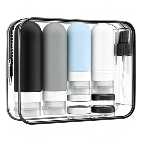 Tonater 17 Pack Travel Bottles for Toiletries, TSA Approved Leak Proof Silicone Travel Containers for Toiletries with Black, white, gray, and blue