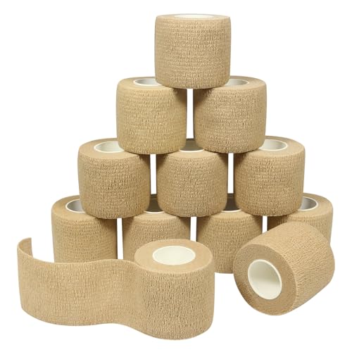 Tocone 12 Rotoli Benda Elastica Bendaggio Adesiva Coesiva Benda Nastro Elastico Autoadesivo Salvapelle Sport Nastro Bendaggio Sportivo per Mani, Piedi, Ginocchia 5cm x 4.5m (Colore della pelle)