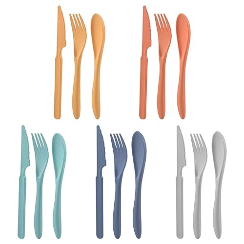 Knives Spoons and Forks Set, Wheat Straw Cutlery Set, Reusable Flatware Set for 5, Utensils for Party, Travel, Work, Picnic, Camping or Daily Use (Style4)