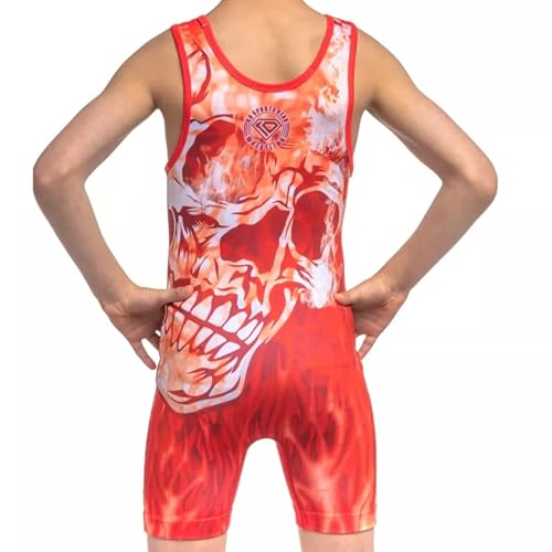 KO Sports Gear Unisex Wrestling Singlet for Youth Wrestlers - Wrestling Singlet for Boys & Girls - Bold Durable Uniform, Stretchy Breathable Material - Red Skull, Youth Small - Thumbnail 5