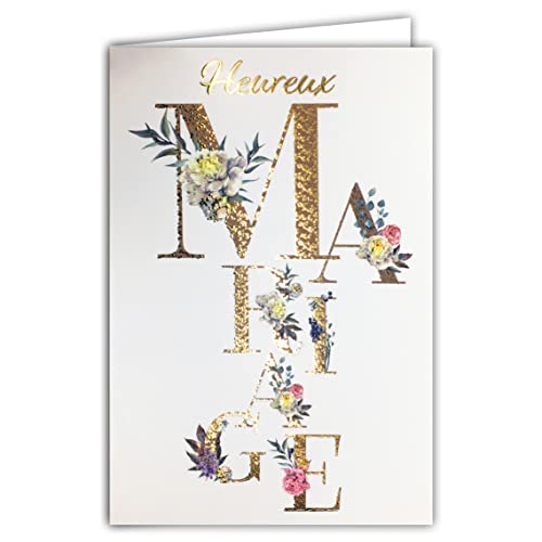 Afie 63-1151 Happy Wedding Congratulations Card in Shiny Gold with Envelope Included - Made in France - Bohemian Chic Dried Flowers Eucalyptus Roses Peony