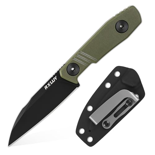 RXLUY Fixed Blade Knife with Sheath, 14C28N Full Tang Steel Blade,Tactical Survival EDC Utility Knives with G10 Handle, Adjustable Kydex Belt Clip for Camping Hunting Hiking Gardening Outdoor (Green)