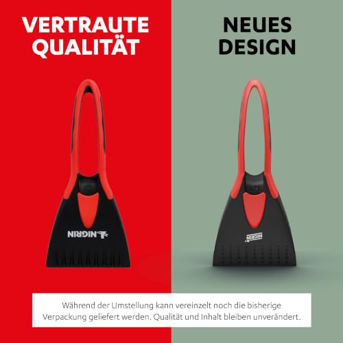 NIGRIN Auto Eiskratzer Scheibenkratzer für Winter, ergonomischer Softgriff, stufenförmige Eisbrecherzacken schwarz-rot 1 Stück