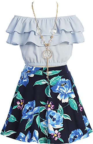Image of Cold Shoulder Crop Top Ruffle Layered Top Flower Girl Skirt Sets for Girl