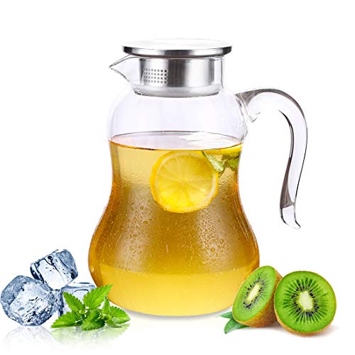 JIAQI Glass Water Pitcher with Lid and Spout 68 Ounces, Hot/Cold Water Carafe, Juice Jar and Iced Tea Pitcher (Brush+Coaster Included)