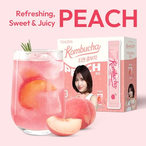 Image of TEAZEN Peach Kombucha Tea, Hydration Drink Mix, Sugar Free, Live Probiotics & Prebiotics, 30 Sticks, 5.29oz