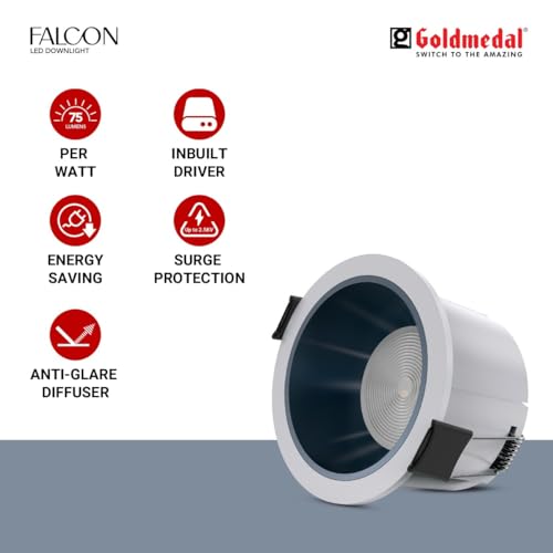 Image of Goldmedal Falcon 12W LED Round Downlight (WH+GB) for Home, Office & Shop - Cool Daylight (6500K) |Recessed Light for False Ceiling | Cut-Out: O90mm | Body Colour: White | for Indoor Application