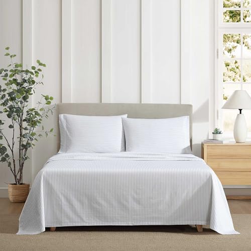 Image of Eddie Bauer - Queen Sheet Set with Fitted Sheet & Pillowcases, 100% Cotton Percale Bedding, Crisp & Cool, Deep Pocket, Arden Stripe Grey