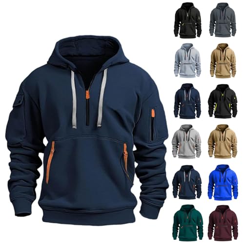 Men Quarter Zip Tactical Hoodies Pullover Vintage Cargo Hoodie Casual Workout Military Sweatshirts with Multi Pockets