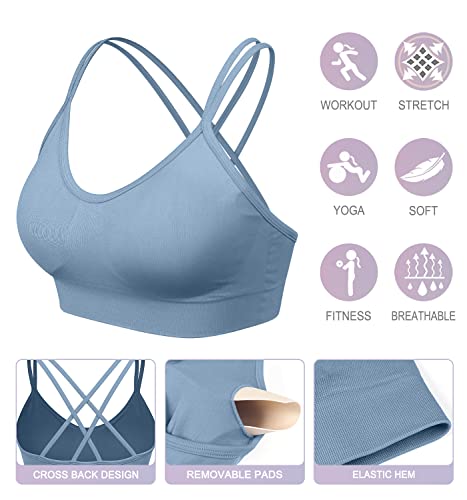 Image of VEQKING Strappy Cross Back Women Sports Bra Pack for Medium Support Workout | Removable Padded Cups, Spaghetti Strap, Comfort Seamless Wirefree, Soft Breathable Fabric, for Gym /Yoga /Pilates /Walking /Daily