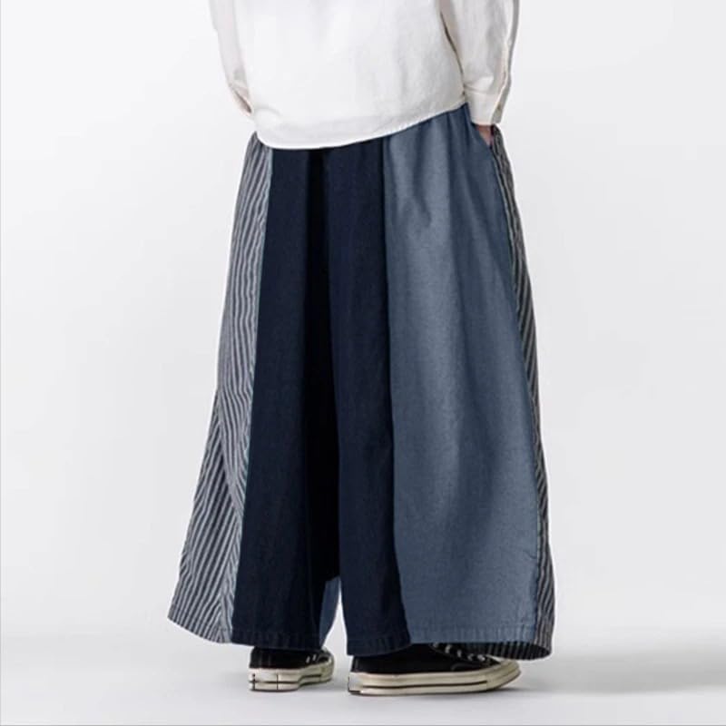 Men Wide Leg Pants Striped Plaid Patchwork Elastic Waist Joggers Trousers Streetwear Casual Male Pants3