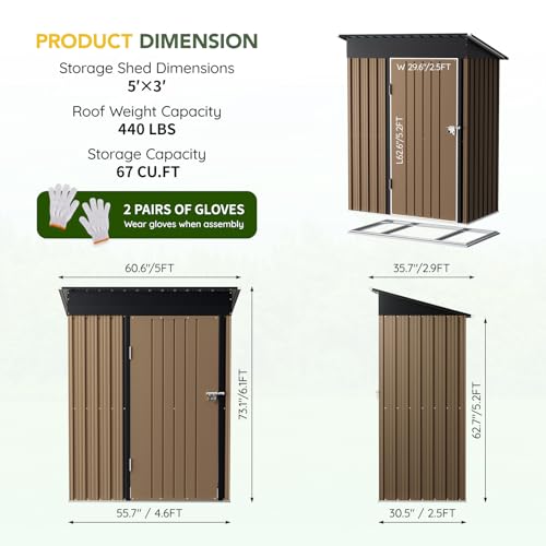 Image of Breezz 5x3FT Vertical Outdoor Steel Storage Shed with Floor Frame, Lockable Doors, Compact Metal Tool Shed for Garden, Backyard, Patio, Utility, and Bike Storage,Brown
