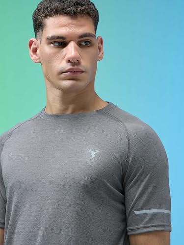 Image of TECHNOSPORT Men's Melange Slim Fit Round Neck T-Shirt Double Cool Raglan Sleeve Slip On Polyester for Gym Running Workout UPF50+ Anti Odour