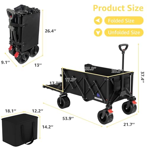 Image of 220L Folding Wagon with Detachable 14 Gallon Cooler Bag, Extra Large All-Terrain Heavy Duty Collapsible Beach Wagon Cart with Big Wheels, Foldable Utility Cart for Camping, Tailgate