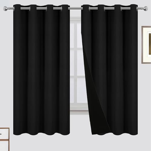 LEMOMO 100% Blackout Curtains 52 x 63 Inch Black Curtains 2 Panels Darkening Thermal Insulated Bedroom Curtains