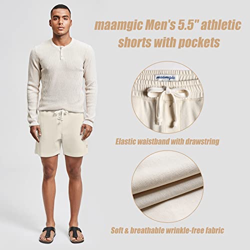 Maamgic Mens Athletic Gym Shorts 5.5" Elastic Waist Casual Pajama Pocket Jogger Men Workout Short Pants Ivory #TOP1