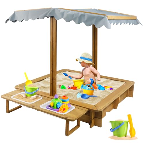 Gowoodhut Wooden Sandbox Outdoor Backyard,Kid\'s Large Sand Box with Retractable Canopy for Aged 3-8 Years Old,45.3x45.3in Children Sand Pit Play Equipment with Bottom Liner for Beach Garden