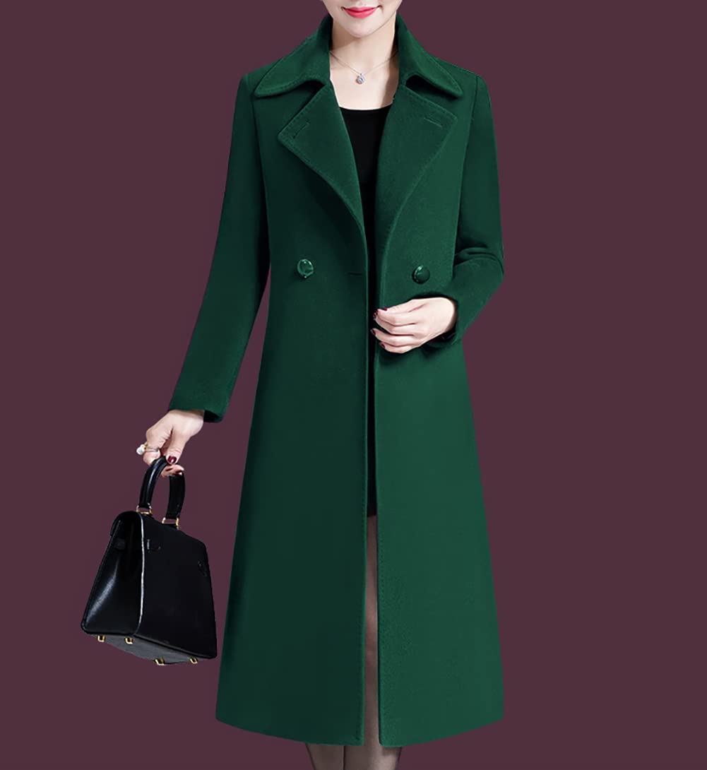 Aprsfn Women's Elegant Solid Color Mid-Length Thicken Warm Wool Blend Coat (Dark Green, Medium)