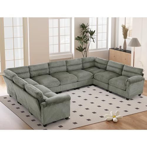 HAOMARKETS 141" Wide Modular Sectional Corner Sofa Couch, Oversized Corduroy U Shaped 10-Seater Couches with Rolled Arms and Thicken Cushion for Living Room, Green