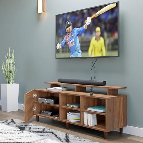 Image of VIKI Modern TV Unit for Living Room | Engineered Wood TV Cabinet with 1 Door Storage, 2 Open Shelves & Extension, Entertainment Unit, 140W x 48H x 40D cm | DIY | 1 Year Warranty (Walnut)