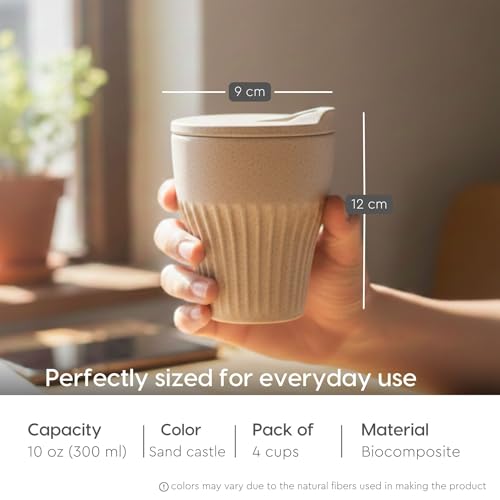 Image of Eha Earth Friendly Rafter Coffee Mug with Lid | Tea Cup Set | 300 ml | Made with Rice Husk | Microwave Safe Mugs for Gifting | 4 Unit | Sand Castle